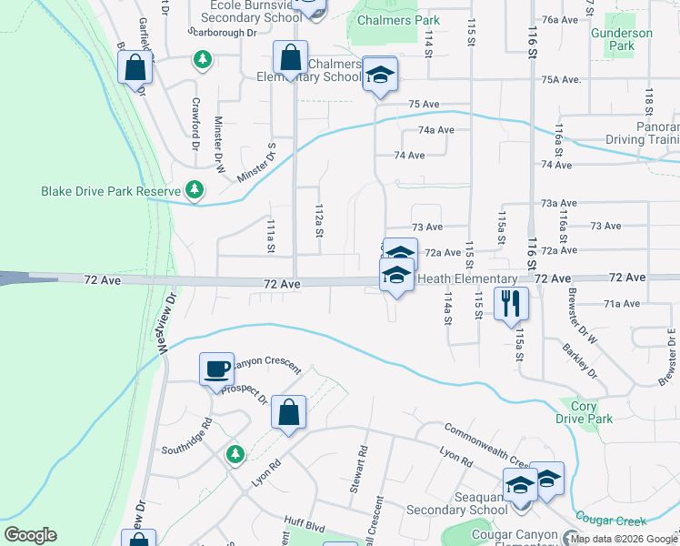 map of restaurants, bars, coffee shops, grocery stores, and more near 11275 72 Avenue in Delta