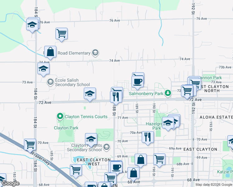 map of restaurants, bars, coffee shops, grocery stores, and more near 18811 72 Avenue in Surrey