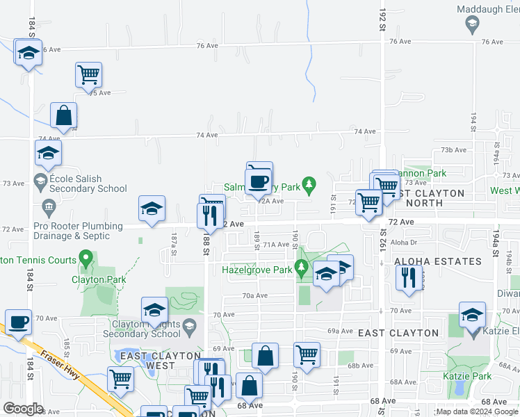 map of restaurants, bars, coffee shops, grocery stores, and more near 50 189 Street in Surrey