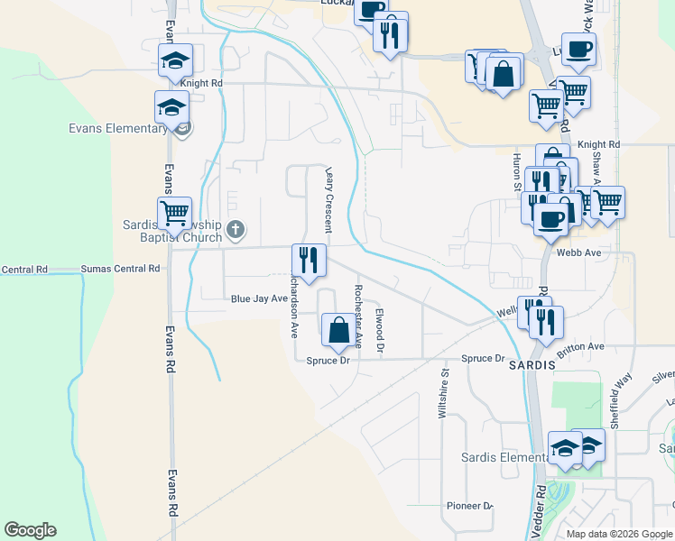 map of restaurants, bars, coffee shops, grocery stores, and more near 45368 Wells Road in Chilliwack