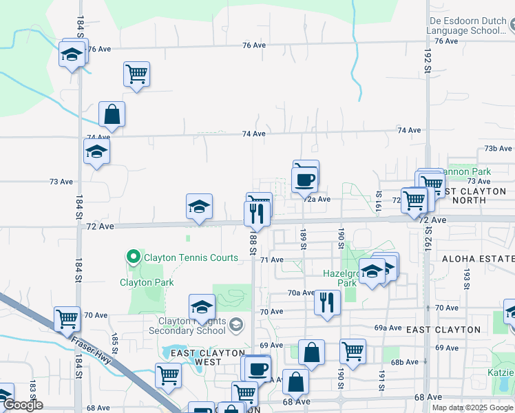 map of restaurants, bars, coffee shops, grocery stores, and more near 7218 188 Street in Surrey