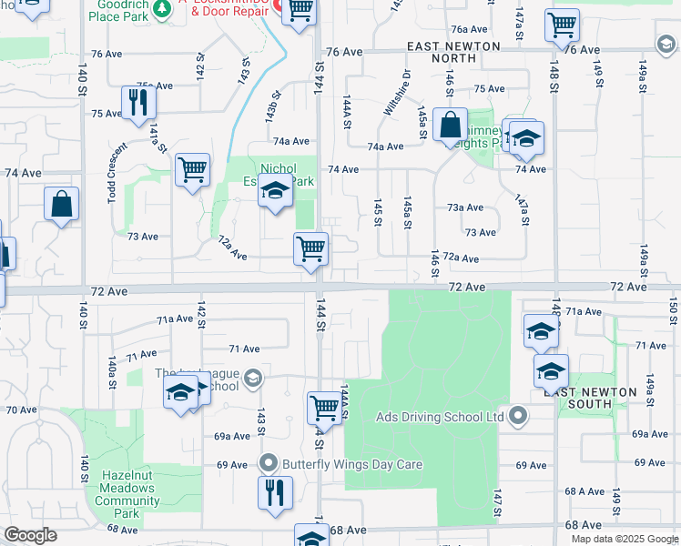 map of restaurants, bars, coffee shops, grocery stores, and more near 14453 72 Avenue in Surrey