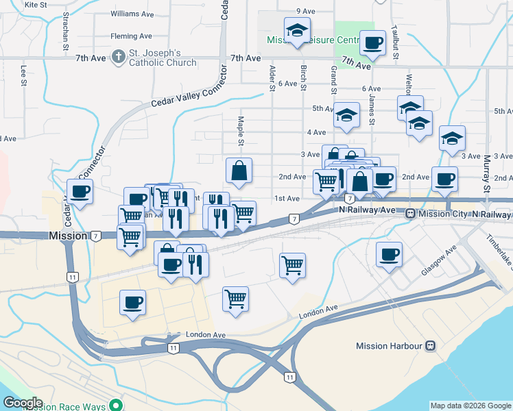 map of restaurants, bars, coffee shops, grocery stores, and more near in Mission