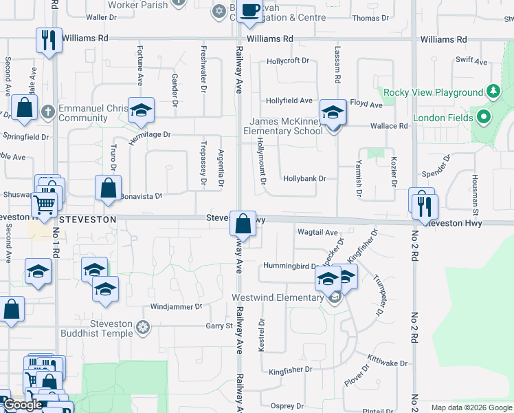 map of restaurants, bars, coffee shops, grocery stores, and more near 5071 Steveston Highway in Richmond
