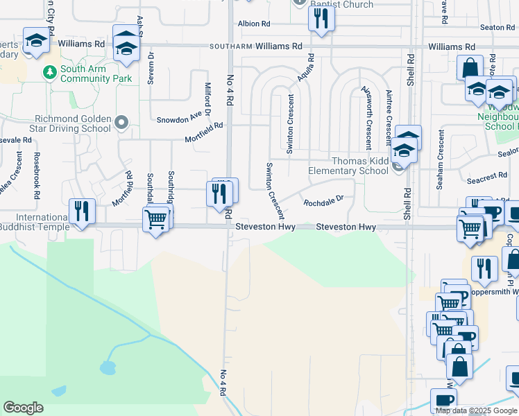 map of restaurants, bars, coffee shops, grocery stores, and more near 10071 Swinton Crescent in Richmond