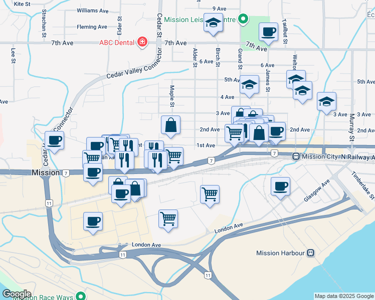 map of restaurants, bars, coffee shops, grocery stores, and more near in Mission