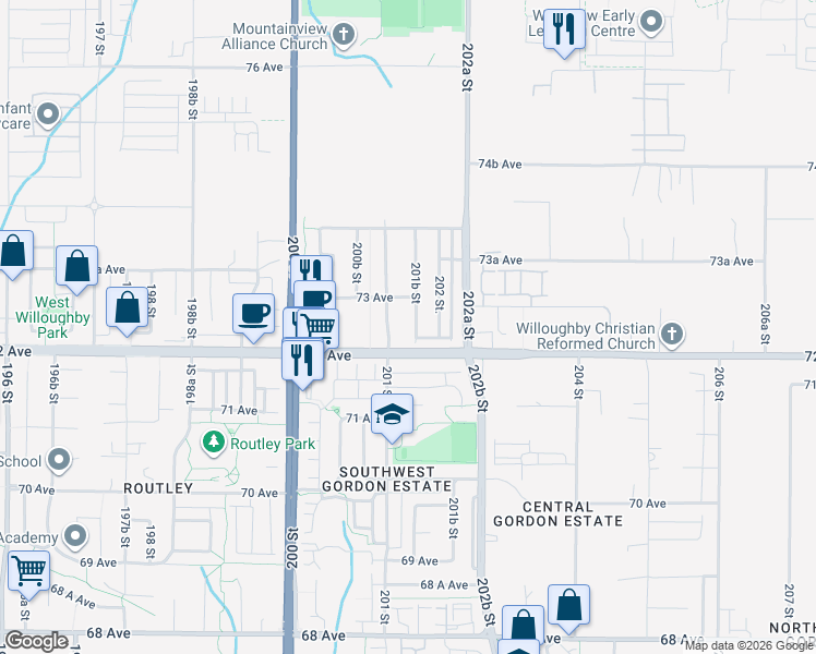 map of restaurants, bars, coffee shops, grocery stores, and more near 7235 201B Street in Langley