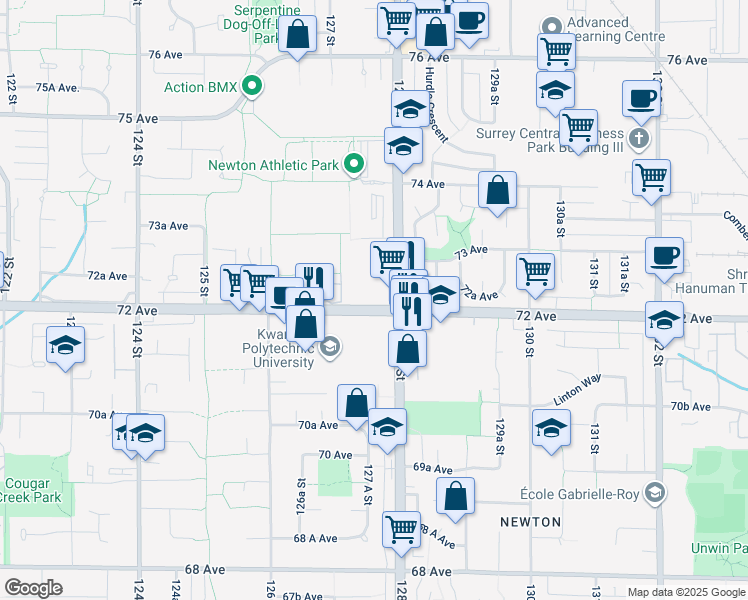 map of restaurants, bars, coffee shops, grocery stores, and more near 12769 72 Avenue in Surrey