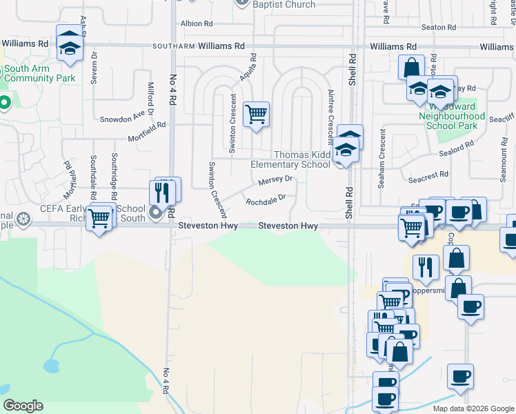 map of restaurants, bars, coffee shops, grocery stores, and more near 10640 Rochdale Drive in Richmond