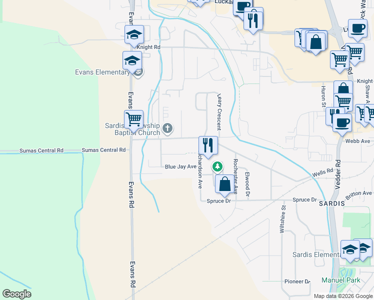 map of restaurants, bars, coffee shops, grocery stores, and more near 45257 Raven Place in Chilliwack