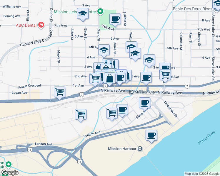 map of restaurants, bars, coffee shops, grocery stores, and more near 33072 1st Avenue in Mission