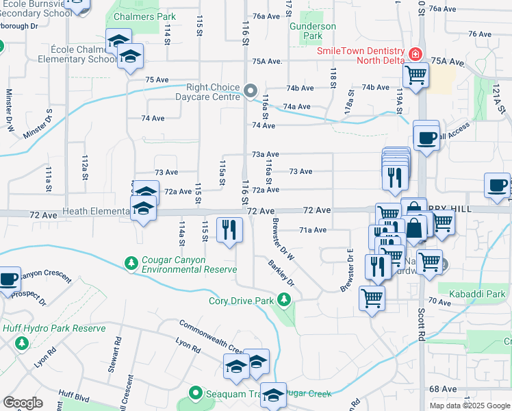 map of restaurants, bars, coffee shops, grocery stores, and more near 11625 72 Avenue in Delta