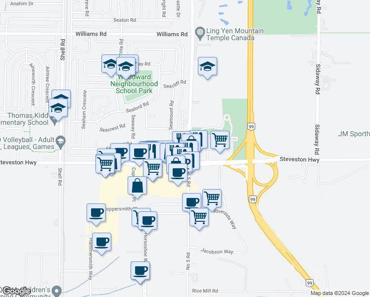 map of restaurants, bars, coffee shops, grocery stores, and more near 15 Number 5 Road in Richmond