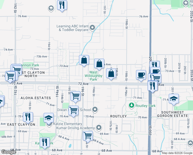 map of restaurants, bars, coffee shops, grocery stores, and more near 19667 72A Avenue in Langley City