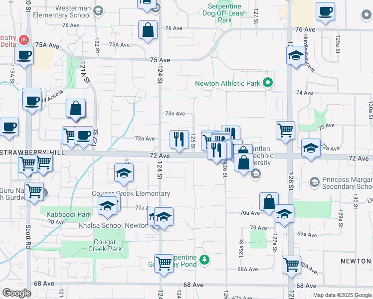 map of restaurants, bars, coffee shops, grocery stores, and more near 12477 72 Avenue in Surrey