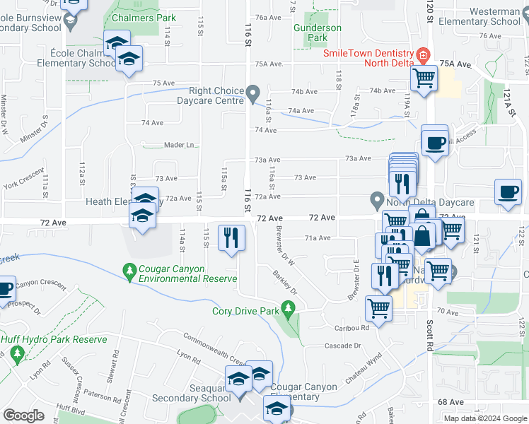 map of restaurants, bars, coffee shops, grocery stores, and more near 11635 72 Avenue in Delta