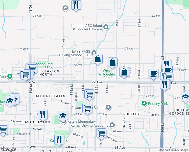 map of restaurants, bars, coffee shops, grocery stores, and more near 19586 72A Avenue in Surrey