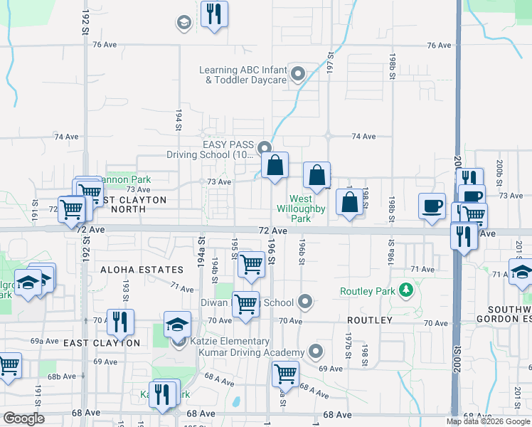 map of restaurants, bars, coffee shops, grocery stores, and more near 19586 72A Avenue in Surrey