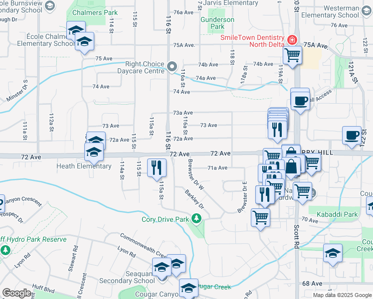 map of restaurants, bars, coffee shops, grocery stores, and more near 11655 72 Avenue in Delta