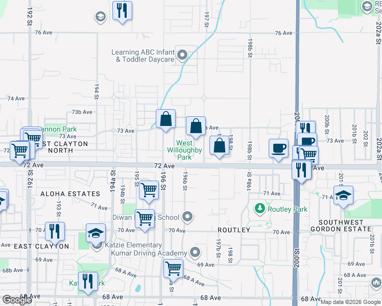 map of restaurants, bars, coffee shops, grocery stores, and more near 19667 72A Avenue in Langley
