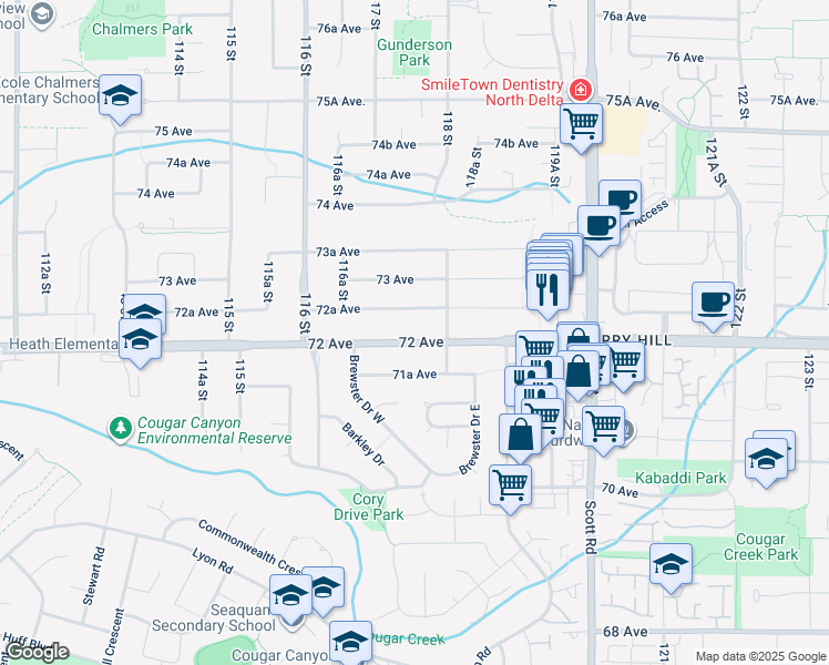 map of restaurants, bars, coffee shops, grocery stores, and more near 11755 72 Avenue in Delta