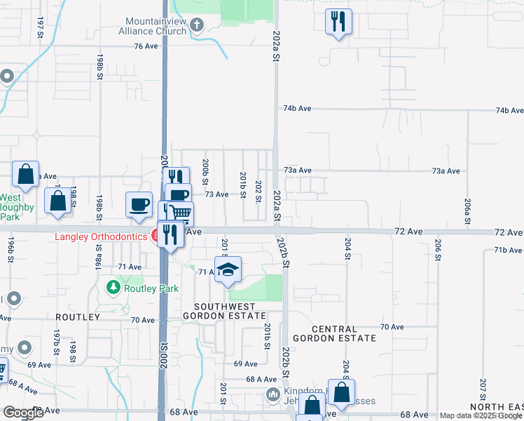 map of restaurants, bars, coffee shops, grocery stores, and more near 7246 202 Street in Langley