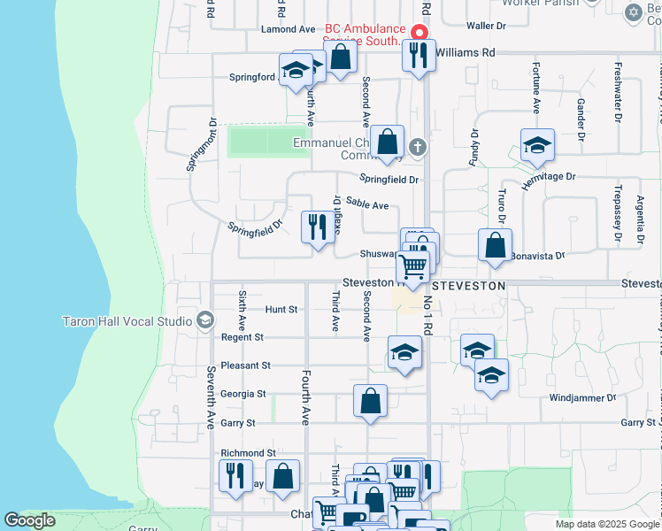 map of restaurants, bars, coffee shops, grocery stores, and more near 3480 Shuswap Avenue in Richmond