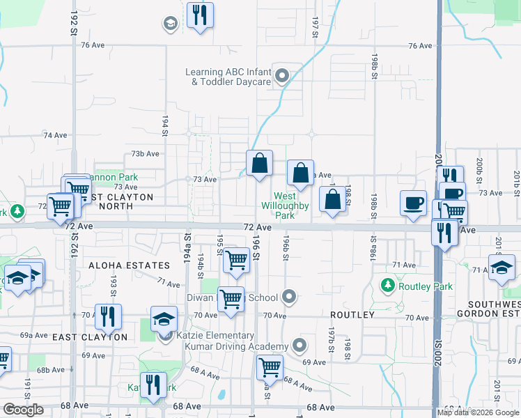 map of restaurants, bars, coffee shops, grocery stores, and more near 7260 196 Street in Langley