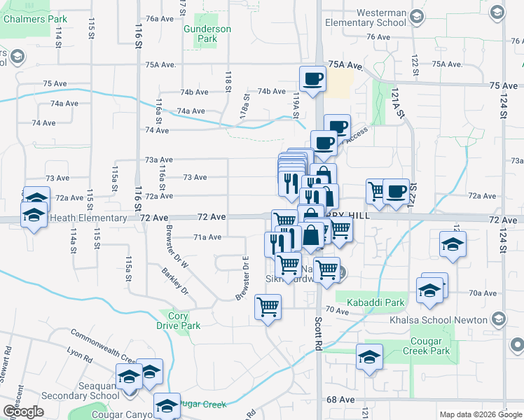 map of restaurants, bars, coffee shops, grocery stores, and more near 11873 72 Avenue in Delta