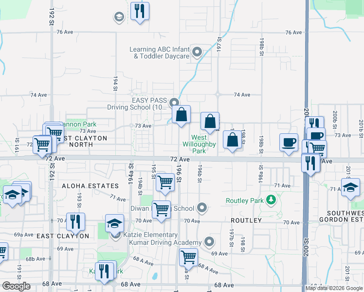 map of restaurants, bars, coffee shops, grocery stores, and more near 7260 196 Street in Langley