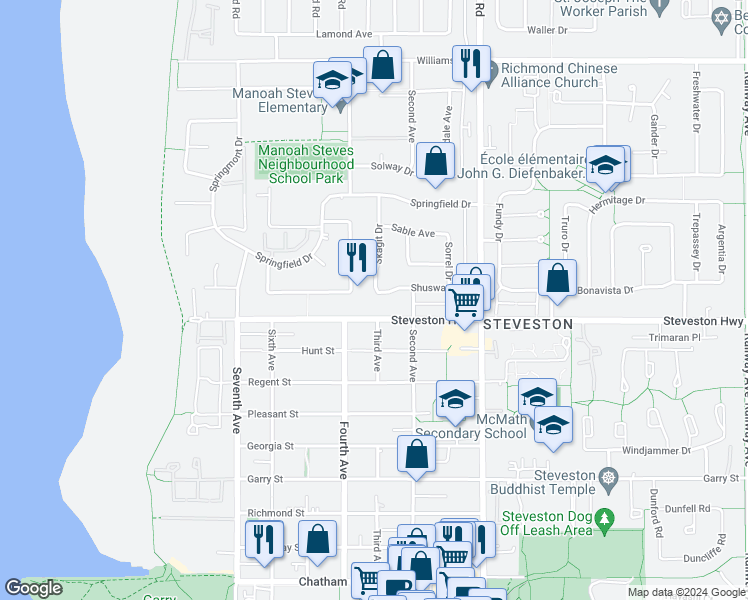 map of restaurants, bars, coffee shops, grocery stores, and more near 3480 Shuswap Avenue in Richmond
