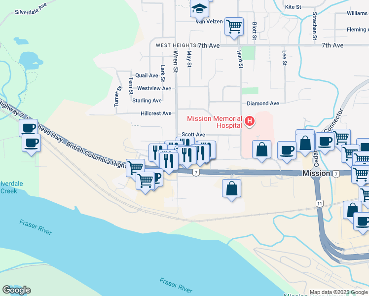 map of restaurants, bars, coffee shops, grocery stores, and more near 32025 Trembath Avenue in Mission