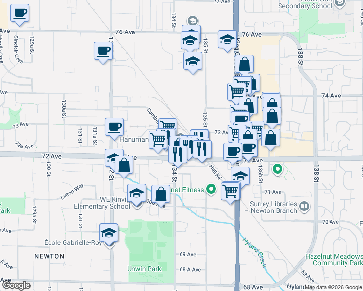 map of restaurants, bars, coffee shops, grocery stores, and more near 13415 Comber Way in Surrey