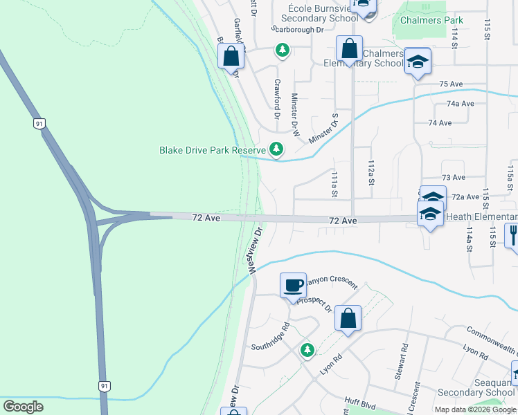 map of restaurants, bars, coffee shops, grocery stores, and more near North Delta Greenway - Access Trail in Delta