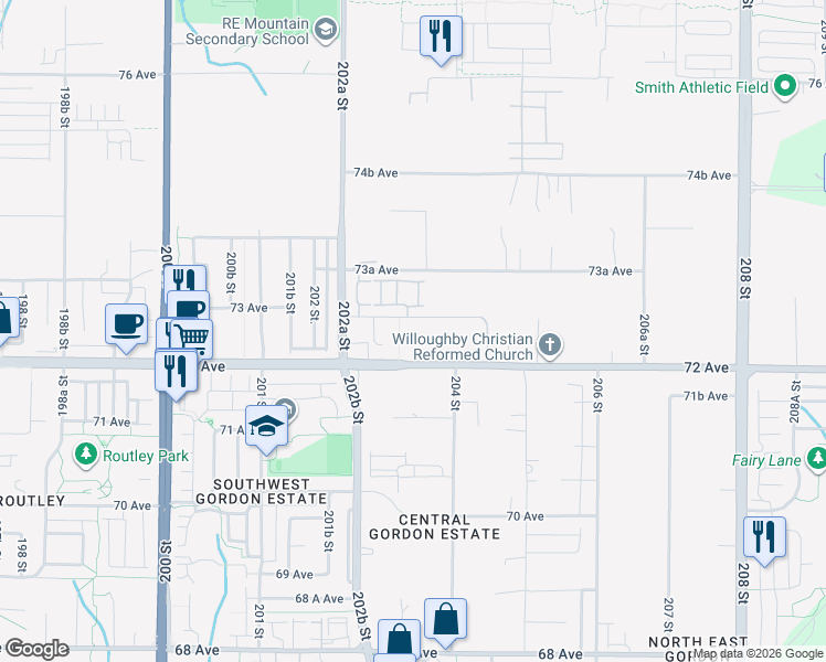 map of restaurants, bars, coffee shops, grocery stores, and more near 20356 72B Avenue in Langley Township