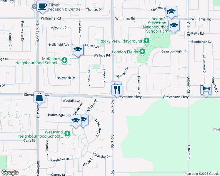 map of restaurants, bars, coffee shops, grocery stores, and more near 10751 Number 2 Road in Richmond