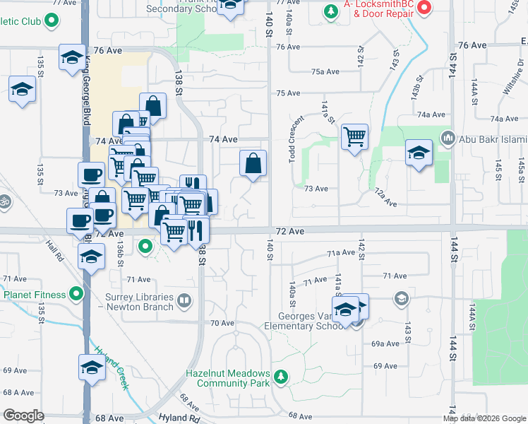 map of restaurants, bars, coffee shops, grocery stores, and more near 13977 72 Avenue in Surrey