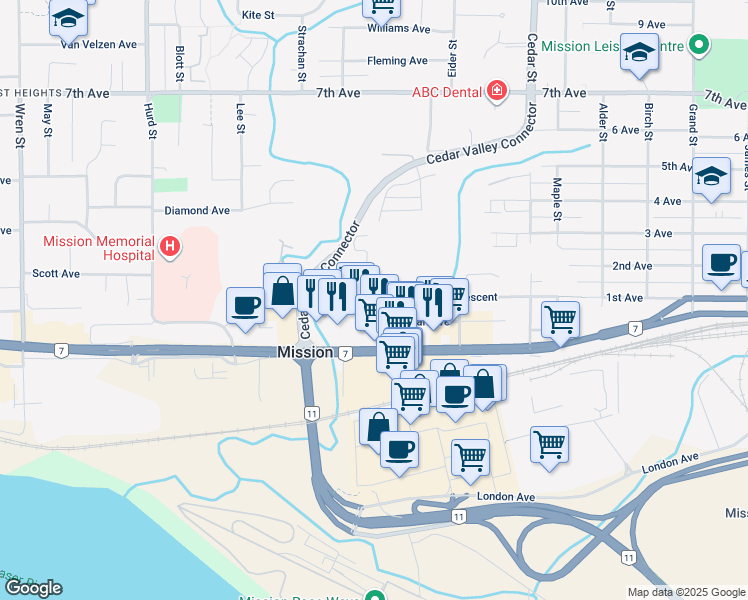 map of restaurants, bars, coffee shops, grocery stores, and more near 7265 Haig Street in Mission