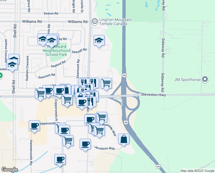 map of restaurants, bars, coffee shops, grocery stores, and more near 10788 Number 5 Road in Richmond