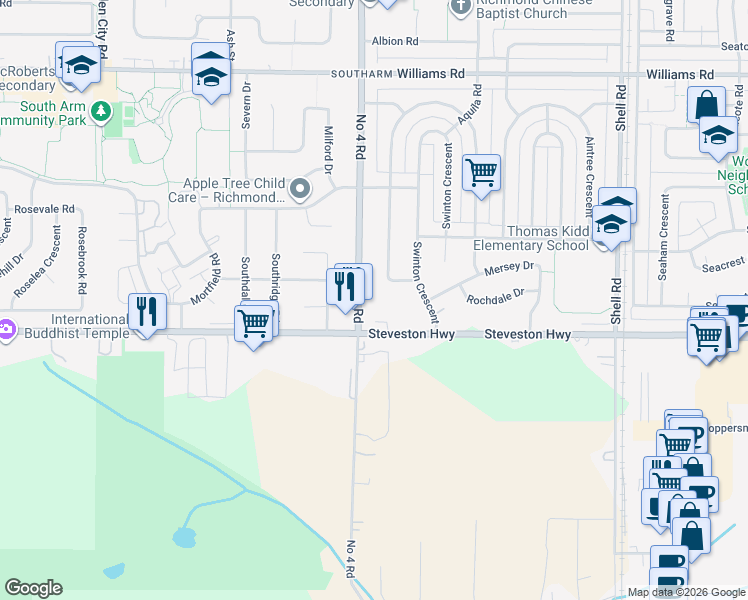 map of restaurants, bars, coffee shops, grocery stores, and more near 10600 Number 4 Road in Richmond