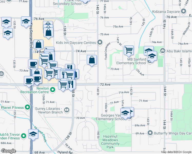 map of restaurants, bars, coffee shops, grocery stores, and more near 13977 72 Avenue in Surrey