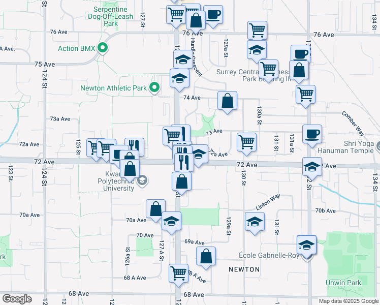 map of restaurants, bars, coffee shops, grocery stores, and more near 12842 72B Avenue in Surrey