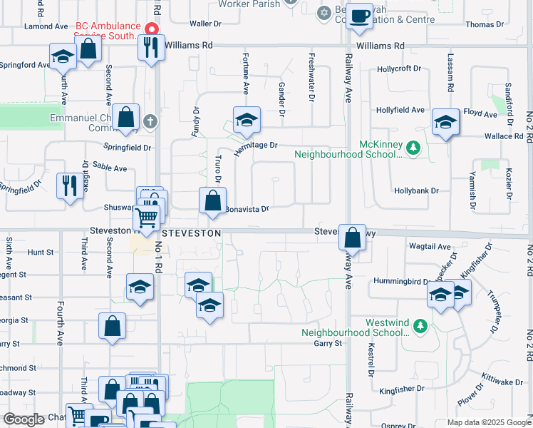 map of restaurants, bars, coffee shops, grocery stores, and more near 4562 Bonavista Drive in Richmond
