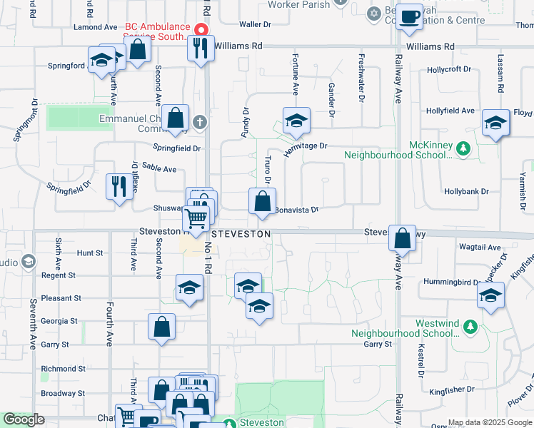 map of restaurants, bars, coffee shops, grocery stores, and more near 4326 Bonavista Drive in Richmond