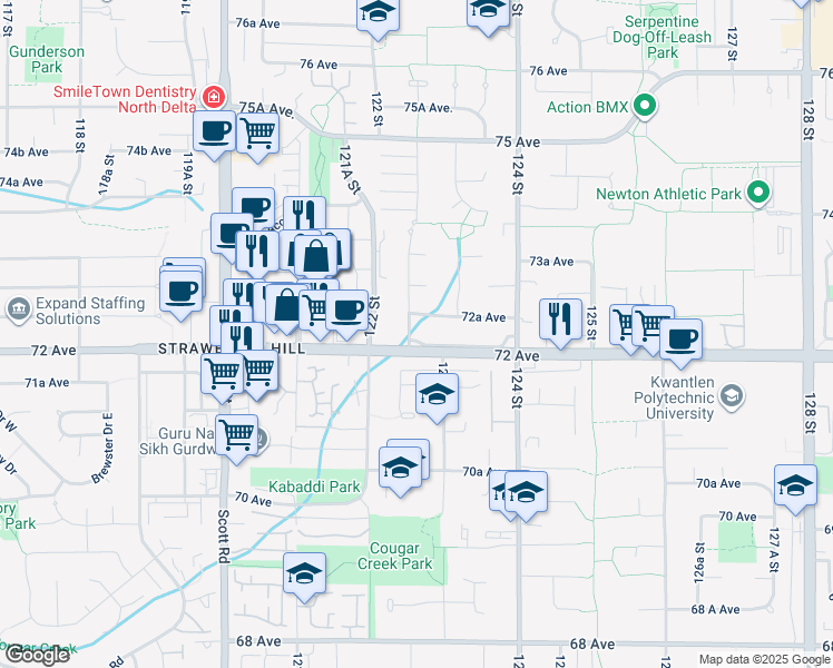map of restaurants, bars, coffee shops, grocery stores, and more near 12267 72 Avenue in Surrey