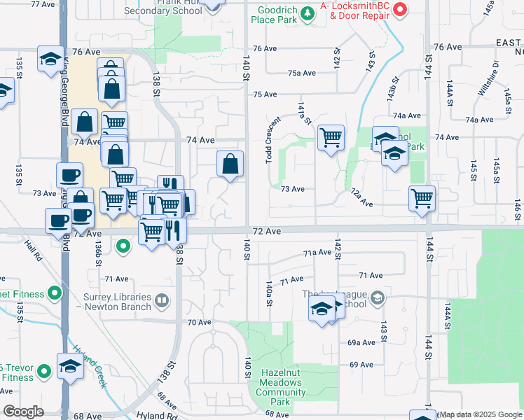map of restaurants, bars, coffee shops, grocery stores, and more near 7253 140A Street in Surrey