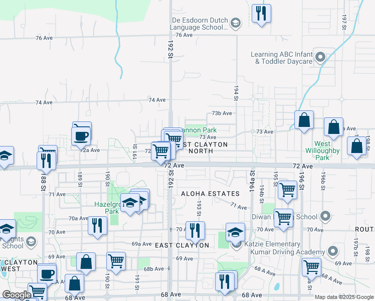map of restaurants, bars, coffee shops, grocery stores, and more near 72A Avenue in Surrey