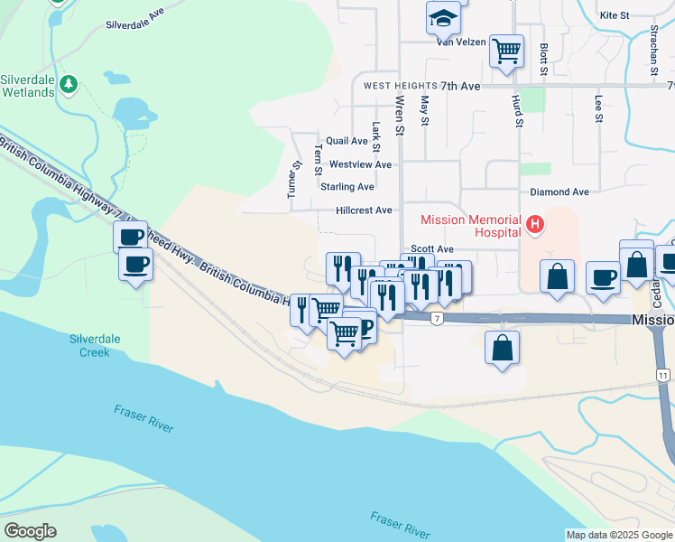 map of restaurants, bars, coffee shops, grocery stores, and more near 31896 Raven Avenue in Mission