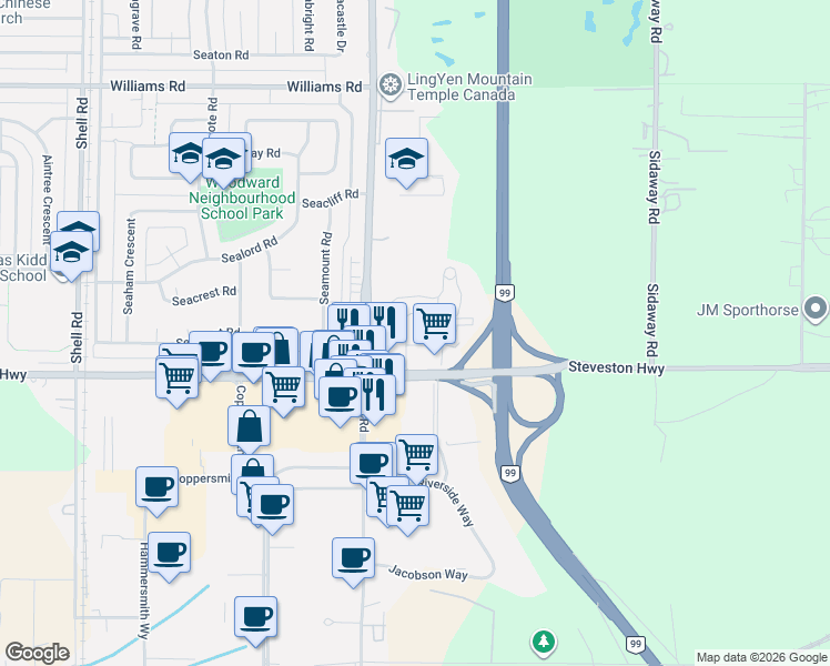 map of restaurants, bars, coffee shops, grocery stores, and more near 10780 Number 5 Road in Richmond