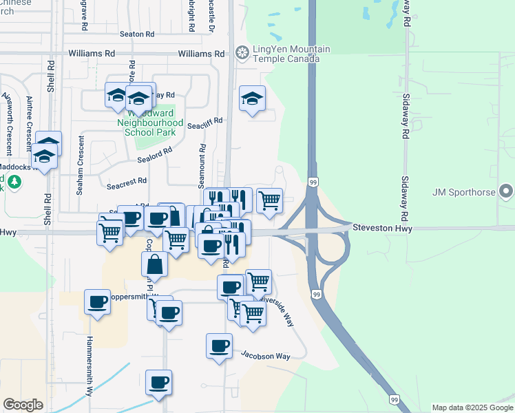 map of restaurants, bars, coffee shops, grocery stores, and more near 10780 Number 5 Road in Richmond